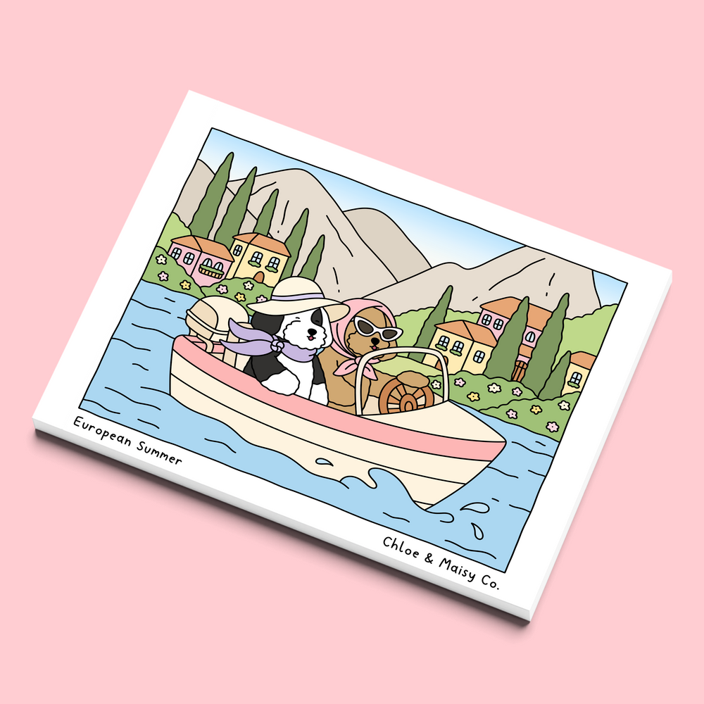 Cover of European Summer, a Chloe & Maisy adult coloring book of a sheepadoodle and a goldendoodle exploring Europe, from Paris to Santorini.